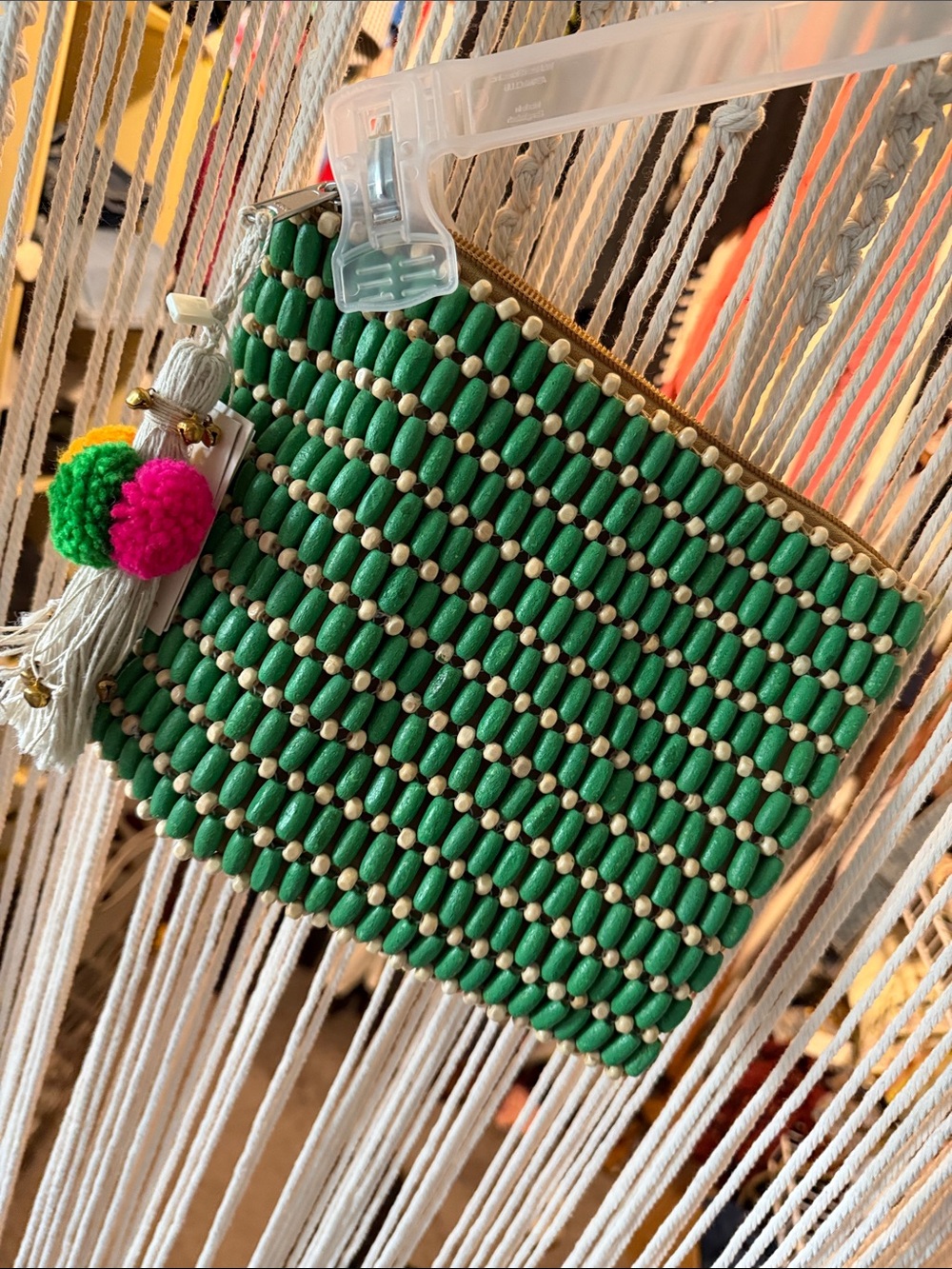 Green Beaded Women's Clutch with Tassel Pom Detail